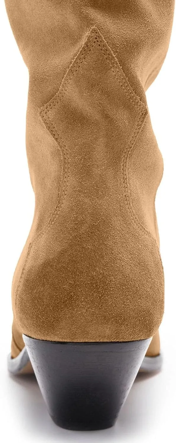Yishaweiqi Camel Suede Knee High Boots for Women Snip Toe Chunky Heel Cowboy Cowgirl Boots Ladies Fall Wide Calf Tall Boots