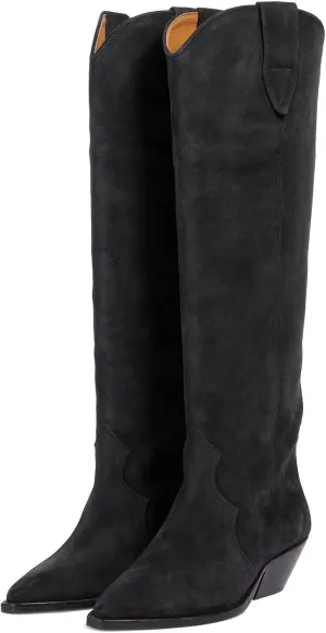Yishaweiqi Camel Suede Knee High Boots for Women Snip Toe Chunky Heel Cowboy Cowgirl Boots Ladies Fall Wide Calf Tall Boots
