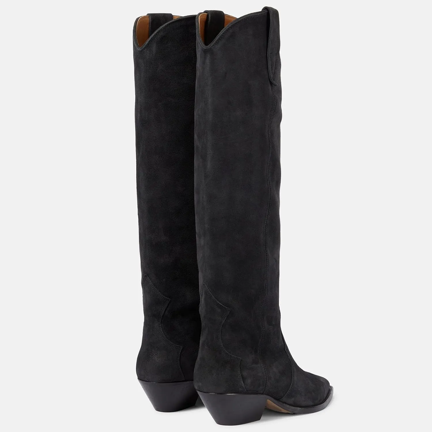 Yishaweiqi Camel Suede Knee High Boots for Women Snip Toe Chunky Heel Cowboy Cowgirl Boots Ladies Fall Wide Calf Tall Boots