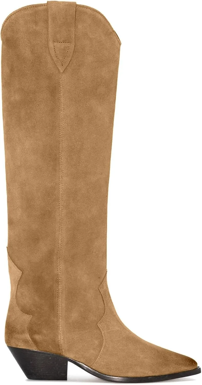 Yishaweiqi Camel Suede Knee High Boots for Women Snip Toe Chunky Heel Cowboy Cowgirl Boots Ladies Fall Wide Calf Tall Boots