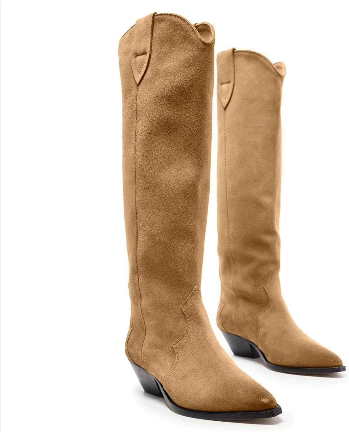 Yishaweiqi Camel Suede Knee High Boots for Women Snip Toe Chunky Heel Cowboy Cowgirl Boots Ladies Fall Wide Calf Tall Boots