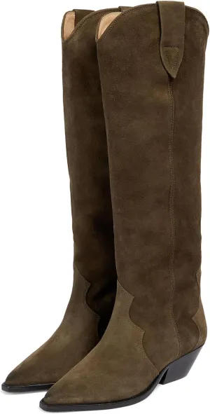 Yishaweiqi Camel Suede Knee High Boots for Women Snip Toe Chunky Heel Cowboy Cowgirl Boots Ladies Fall Wide Calf Tall Boots