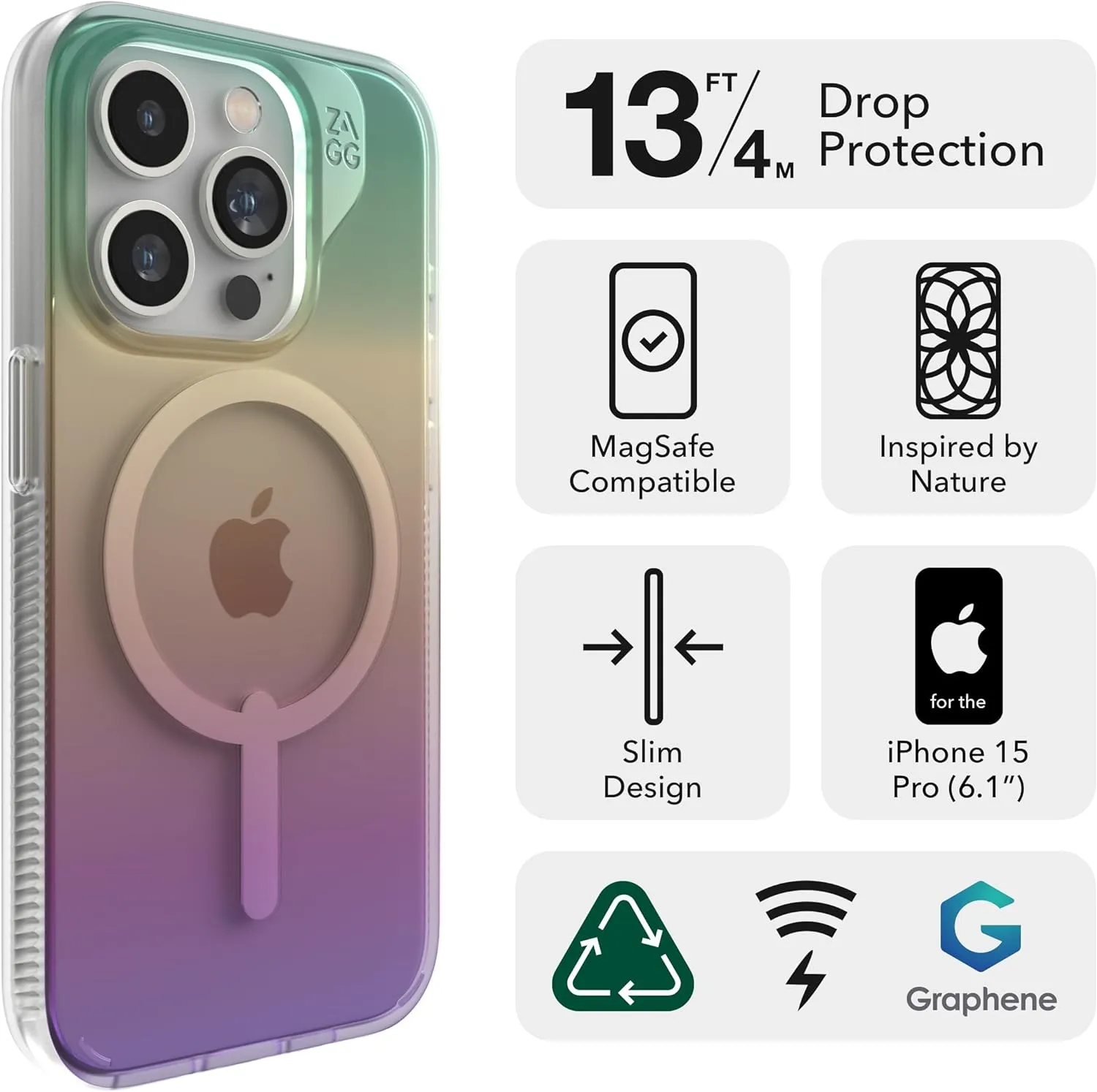 ZAGG Milan Snap iPhone 15 Pro - Drop Protection (13ft/4m), Durable Graphene Phone Case, Anti-Yellowing & Scratch-Resistant, Wireless Charging MagSafe Case, Ocean Blue