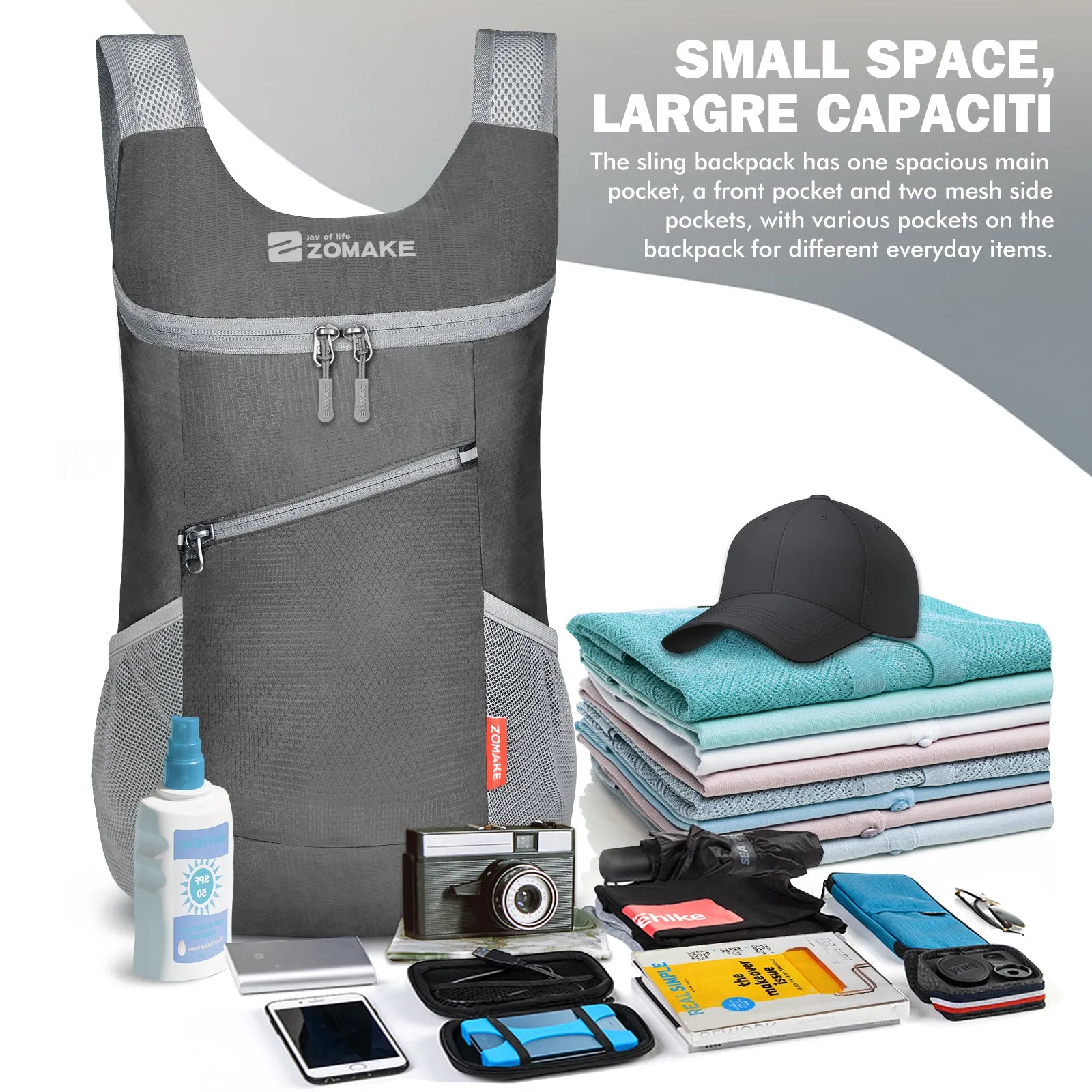ZOMAKE Lightweight Packable Backpack 14L - Foldable Backpack Small Daypack Hiking Backpack Water-Resistant Day Bag for Travel(Medium Grey)