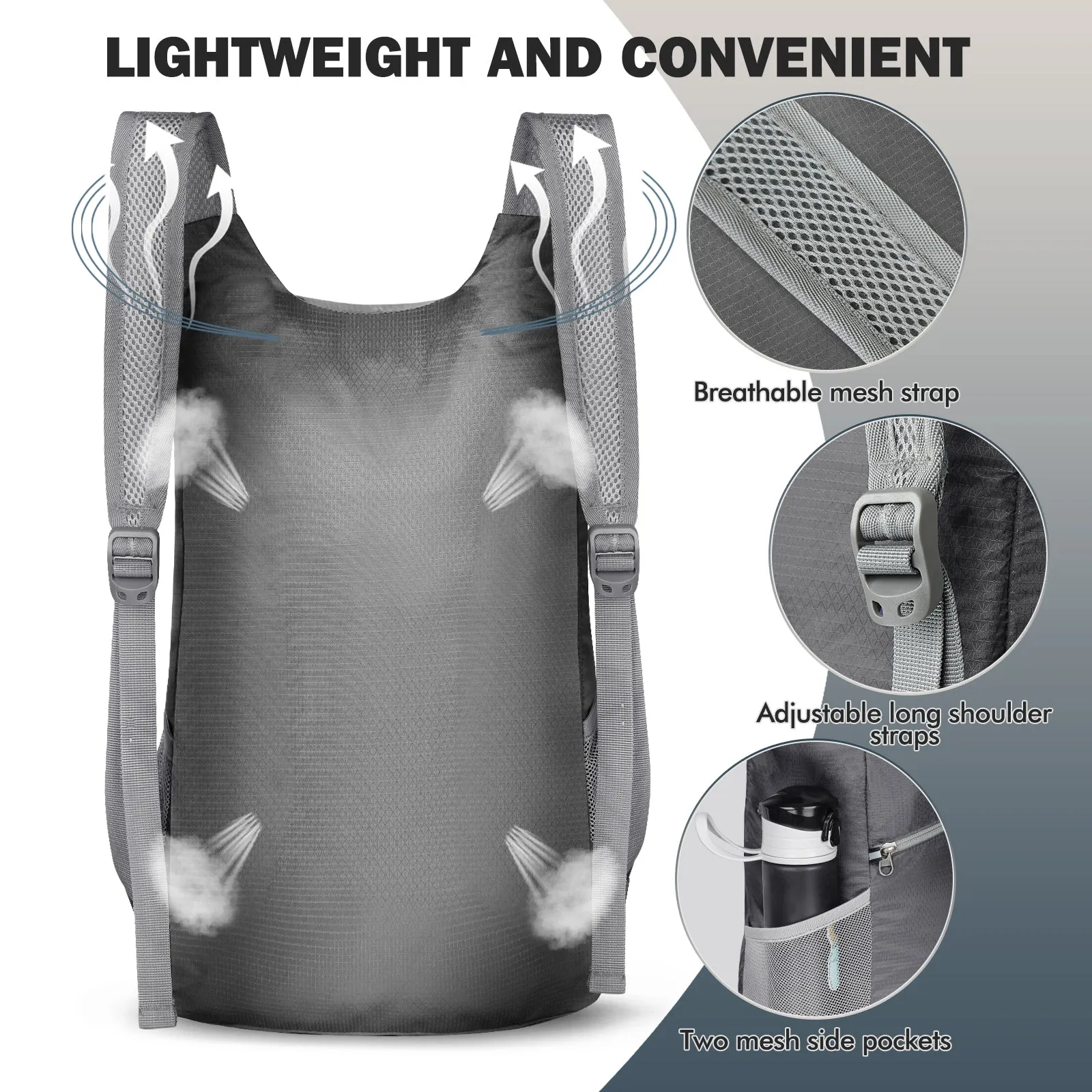 ZOMAKE Lightweight Packable Backpack 14L - Foldable Backpack Small Daypack Hiking Backpack Water-Resistant Day Bag for Travel(Medium Grey)