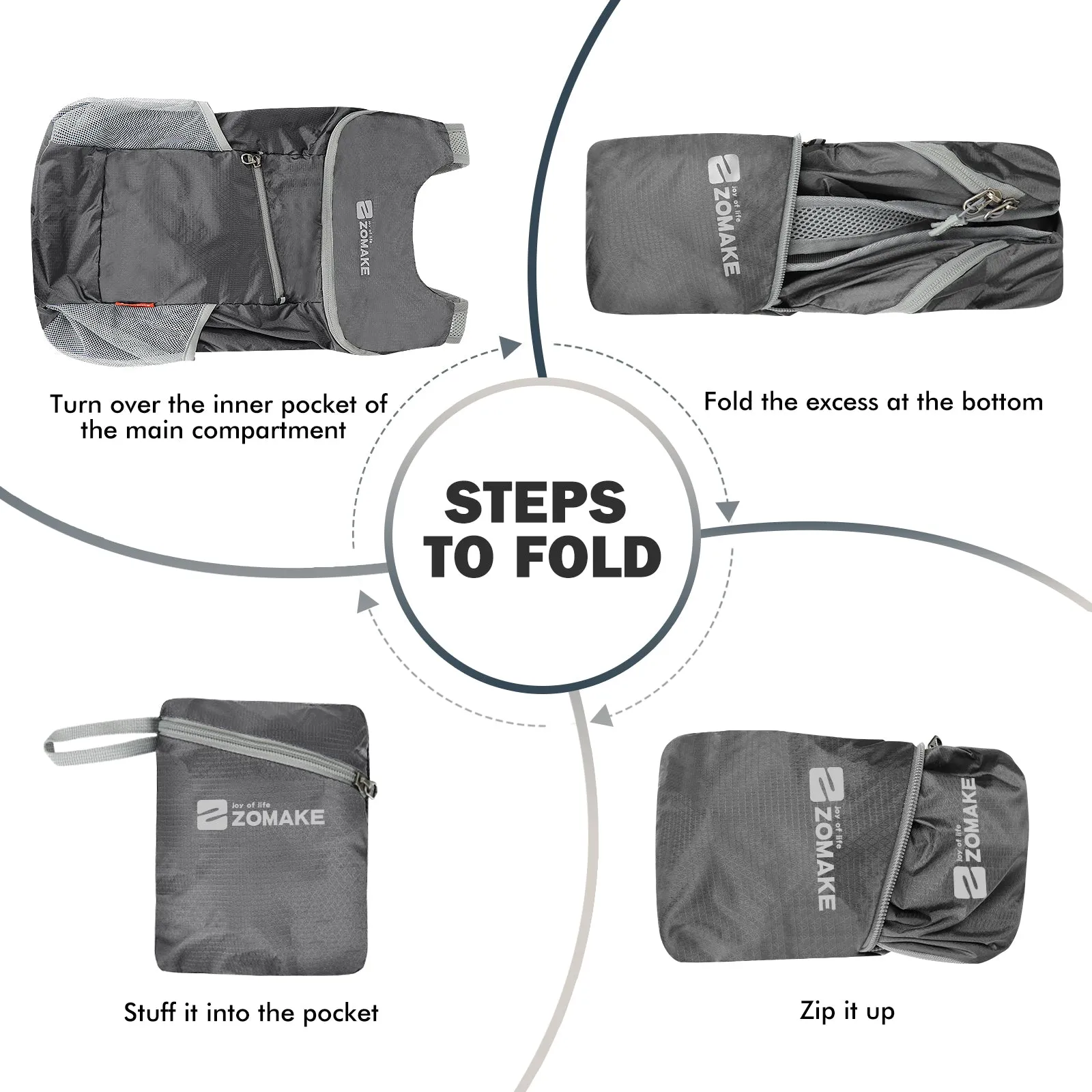 ZOMAKE Lightweight Packable Backpack 14L - Foldable Backpack Small Daypack Hiking Backpack Water-Resistant Day Bag for Travel(Medium Grey)