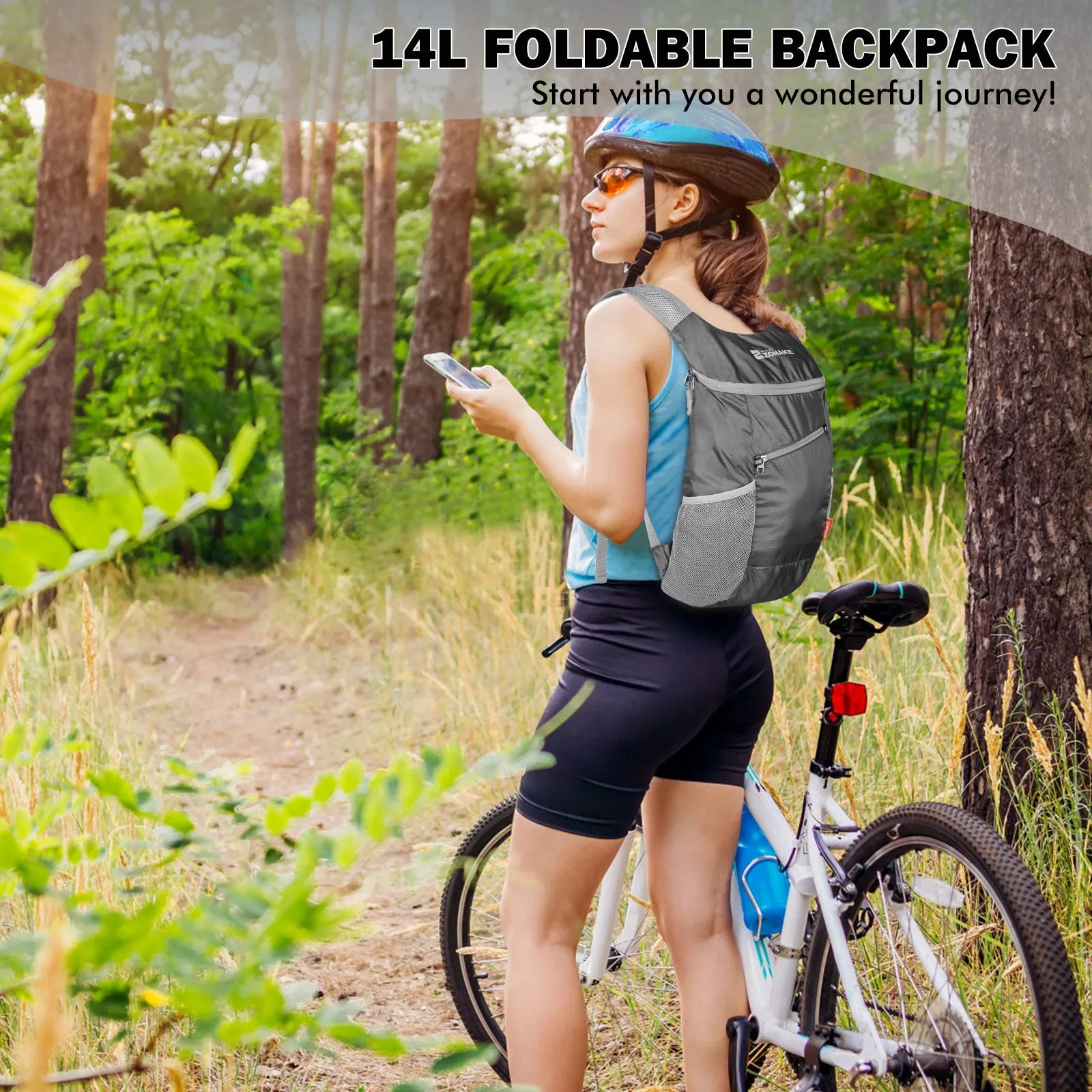 ZOMAKE Lightweight Packable Backpack 14L - Foldable Backpack Small Daypack Hiking Backpack Water-Resistant Day Bag for Travel(Medium Grey)
